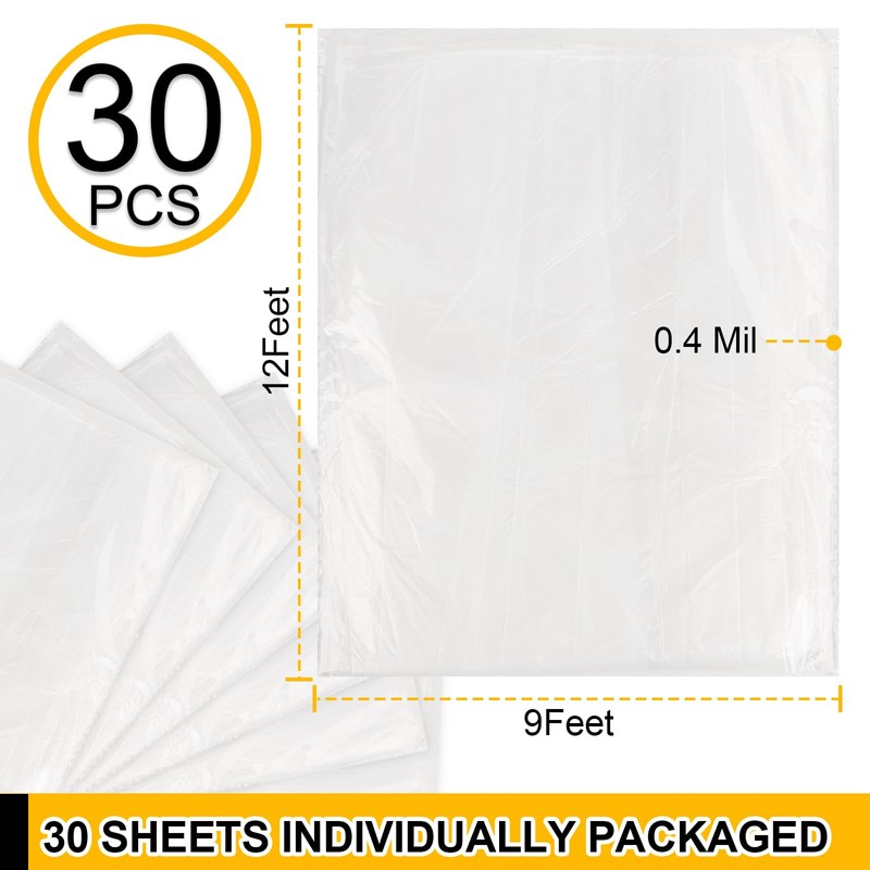 30 Pack Plastic Drop Cloth, 9x12 Ft Plastic Sheeting for