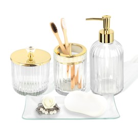 Designer Clear Glass Bathroom Accessories Sets - 4 Pcs with Lotion Soap Dispenser, Bathroom Toothbrush Holder, Vanity Tray, and Apothecary Jar, Vintage Bathroom Decor, Gift Countertop Organizer
