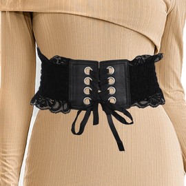 Asooll Vintage Lace-up Wide Elastic Waist Belts Obi Style Cinch Waspie Corset Waist Bands Party Club Prom Costume Dress Belts for Women and Girls (Black)