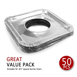 Aluminum Foil Gas Stove Burner Liners, 50 Pack Stove Burner Covers Disposable Square Stove Bib Liners Gas Rangetop Protectors Cooktop Replacement Keep Stove Clean Square 8.5"