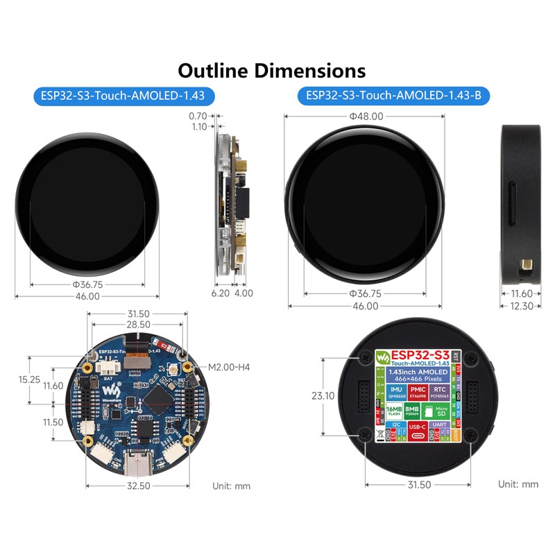 ESP32-S3 1.43inch AMOLED Display Development Board, 466×466 Resolution 16.7M Color