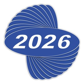 Versa-Tags Versa Tags 2026 Oval Model Year Car Dealer Window Stickers Proudly Made in The USA Versa Oval Model Windshield Year Stickers are Blue and White in Color Come Twelve (12) to A Pack