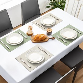 MOSAYT Vinyl Placemats Set of 6-12 X 17 Inch - Faux Leather 100% Waterproof Oil-Proof Wipe Clean PU Reversible Dining Table Place Mats, Suitable for Indoor & Outdoor Use, Sage - Beige