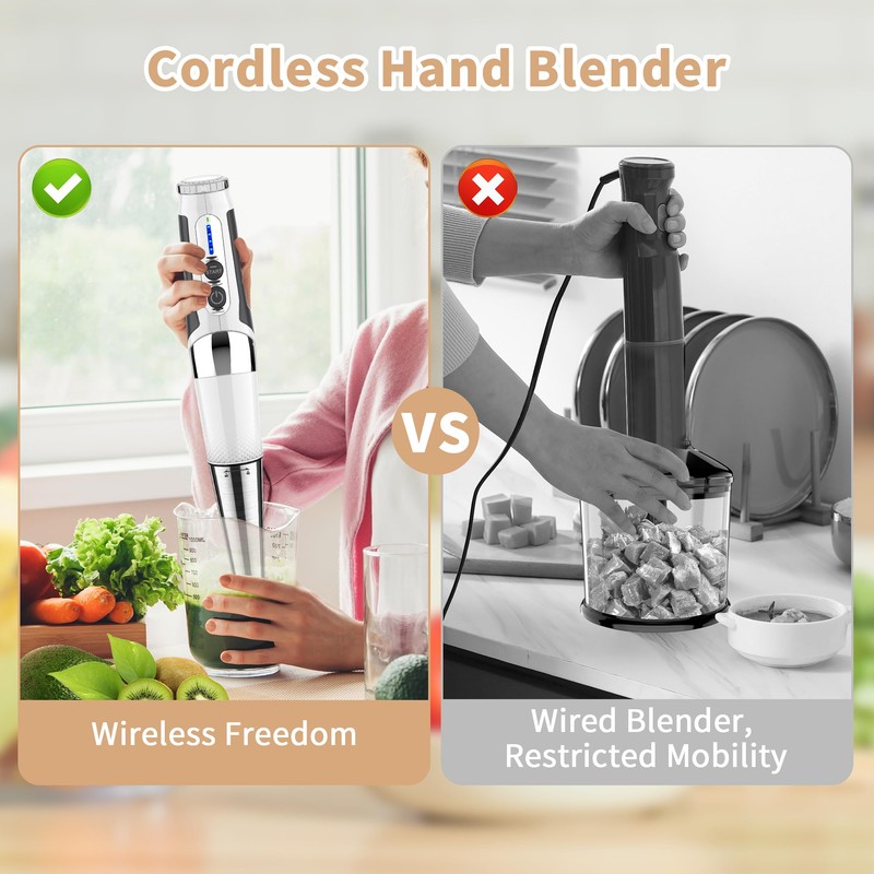 Cordless Immersion Blender: 4-in-1 Rechargeable Electric Hand Blender, 21-Speeds &