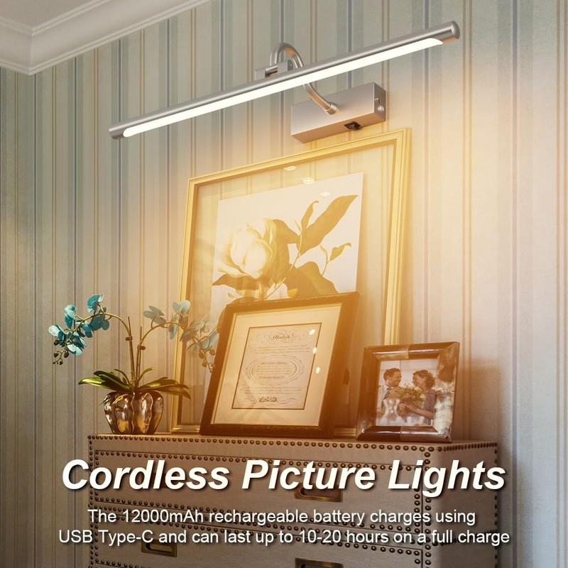 Aipsun 23.6" Brushed Nickel Picture Lights for Wall Rechargeable,12000mAh LED