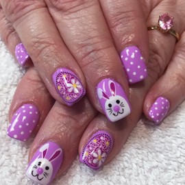 24 Pcs Easter Day Press on Nails Short Square Shaped Fake Nails with Cute Easter Bunny Designs Purple Flower White Dots False Nails Glossy Full Cover Acrylic Nails Stick on Nails for Women Nail Art