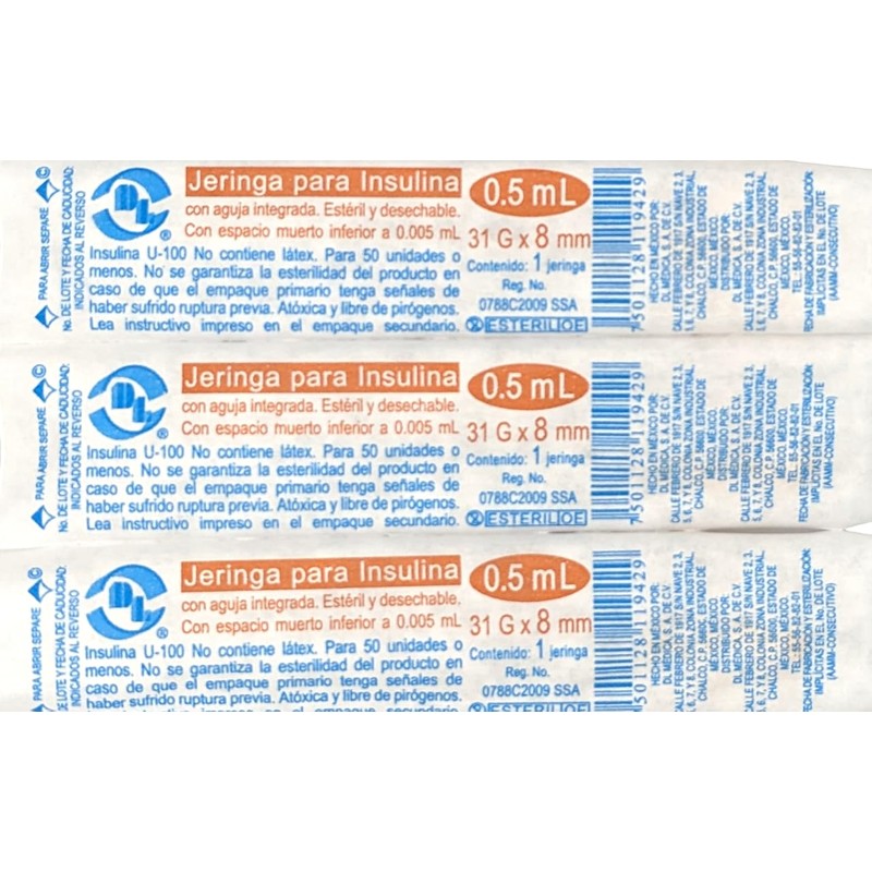 DL Jeringas para insulina 0.5 mL aguja 31G X 8mm,