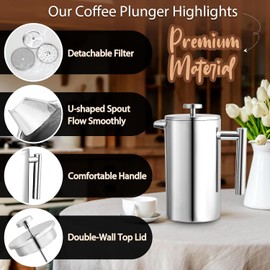 Miuly 21 oz Stainless Steel French Press Coffee Maker 600ML Stainless Steel Coffee Press with 3 Level Filtration System, Double Wall Insulated French Press with 2 Filters, Silver