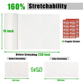 Honeycomb Packing Paper White, 15"x230' Eco Friendly Packing Materials for Shipping Breakable Recyclable Moving Supplies Paper Bubble Wrap Sheets Roll with 20 Fragile Sticker Labels