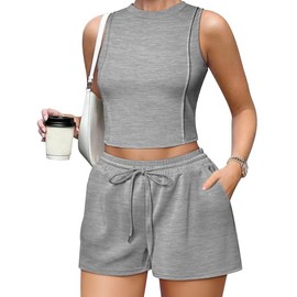 OQQ Two Piece Sets for Women Summer Outfits Lounge Sets Crew Neck Tops Wide Leg Shorts Vacation Travel Heather grey