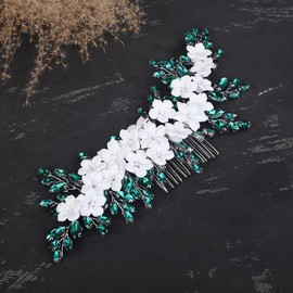 Teyglen Bride Flower Wedding Hair Comb Headband White Flower Rhinestone Headpiece Bridal Crystal Hair Piece Hair Accessories for Women Girls (Peacock green)