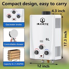 Raxmate Propane Water Heater,1.58GPM 6L Portable On Demand Outdoor Water Hot Heater,Overheating Protection,Propane Water Heater for Rv Camping Cabin Boat Shower,White