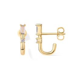 PAVOI 18K Yellow Gold Plated Sterling Silver Posts Cubic Zirconia Half Huggie Earrings | Small Hoop Earrings for Women | Baguette CZ Dainty Stud Cuff Earring