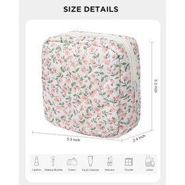 LETGO Floral Makeup Bag, Small Cosmetic Bag for Women Girls, Cute Cotton Makeup Bag, Quilted Makeup Bags, Flower Travel Make up Bag for Purse (Pink Floral)