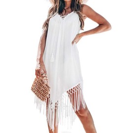 JFAN Women' Crochet Beach Dress Backless Strap Skirt Tassel Bikini Cover up for Summer White One Size