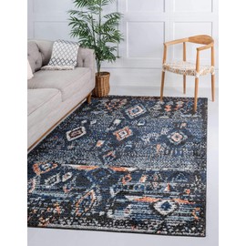 Unique Loom Morocco Collection Abstract Southwestern, Bohemian Area Rug, 8' 0" x 10' 0", Navy Blue/Black