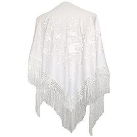 AMINA White Flamingo Peak Shawl with Fringes - White Embroidery on One Side - Large Size 190 x 90 cm