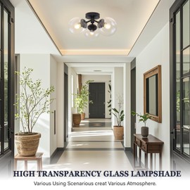 Bagood 3 Light Modern Black Semi Flush Mount Ceiling Light Clear Glass Globe Ceiling Lights Mid Century Brass Chandelier 3 Light Sputnik Ceiling Light Fixture for Bedroom Hallway Entryway Living Room