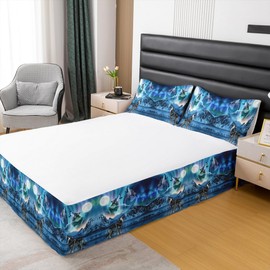 Feelyou Wolf Bedding Bed Skirts King Size Wolves Howling Bed Skirt for Boys Teens Decor Aurora Dust Ruffle Pleated Bedskirt Moon Wolf Bedroom Mountain Fitted Sheet 3Pcs