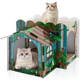 Lineshading Multi Level Cardboard Cat House with 3 Scratchers Forest Theme Large Sturdy Cat Villa 17"x12"x10" Cute Pet Condo Beds Toys Hideout for Bunny Small Animals Birthday Forest Theme Party
