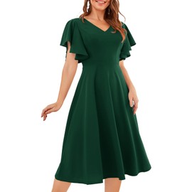 Bridesmay Women A-line Graduation Dresses for Teen, Fit Flare Skater Midi Dress for Junior,Stretchy Sun Dress for Church/Vacation/Work Dark Green 3XL