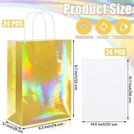 MIMIND 24 Pack Iridescent Paper Gift Bags with Handles Holographic Party Favor Bags with Tissue Paper 8.7 x 6.3 x 3.1 Inch Glitter Gold Foil Goodie Candy Bag for Wedding Baby Shower Birthday Party