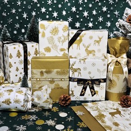 LIAPAWPAW Christmas Tissue Paper Gift Wrap, 60 Sheets Metallic Gold Tissue Paper for Gift Bags Packing Crafts, Luxury Deer Christmas Tree Wrapping Tissue for Xmas Winter New Year Holiday Decor,20x14in