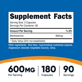 Nutricost Benfotiamine (600 mg) 180 Capsules - Fat Soluble Vitamin B1, Gluten Free, Non-GMO, Vegan, 90 Servings