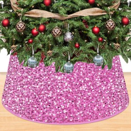 OMKSIH Sequin Tree Collar 28.8 Inches Mermaid Pink Christmas Tree Skirt Collar Sparkle Xmas Tree Base Ring Velour Tree Collars Sparkly Round Christmas Tree Stand Base for Christmas Birthday Parties