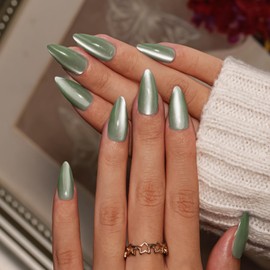 KQueenest Cat Eye Press on Nails Almond Medium, Bling LightGreen False Nails with Glue, Glazed Sparkly Glass Fake Nails Press ons, Reusable Soft Gel Stick on Nail for Women Gothic Decoration, 30 Pcs