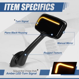Auto Dynasty L-Pattern LED Sequential Turn Signal Manual Adjust Rear View Side Hood Mirrors Compatible with Freightliner Cascadia 2008-2017, Driver and Passenger Side, Textured Glossy Black