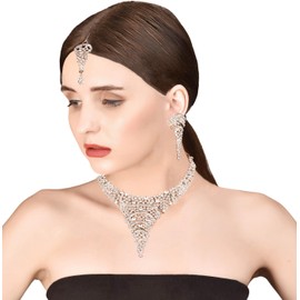 Touchstone Fine Faux Jewelry Collection Indian Desire Superbly Crative Style Sparkling White Rhinestones Designer Jewelry Necklace Set in Silver Tone for Women.