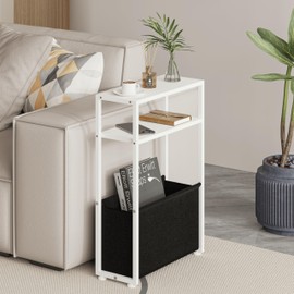 Leomonio White Side Table, Narrow End Table with Shelves, Narrow Table for Small Spaces, Slim Side Table for Living Room, Bedroom