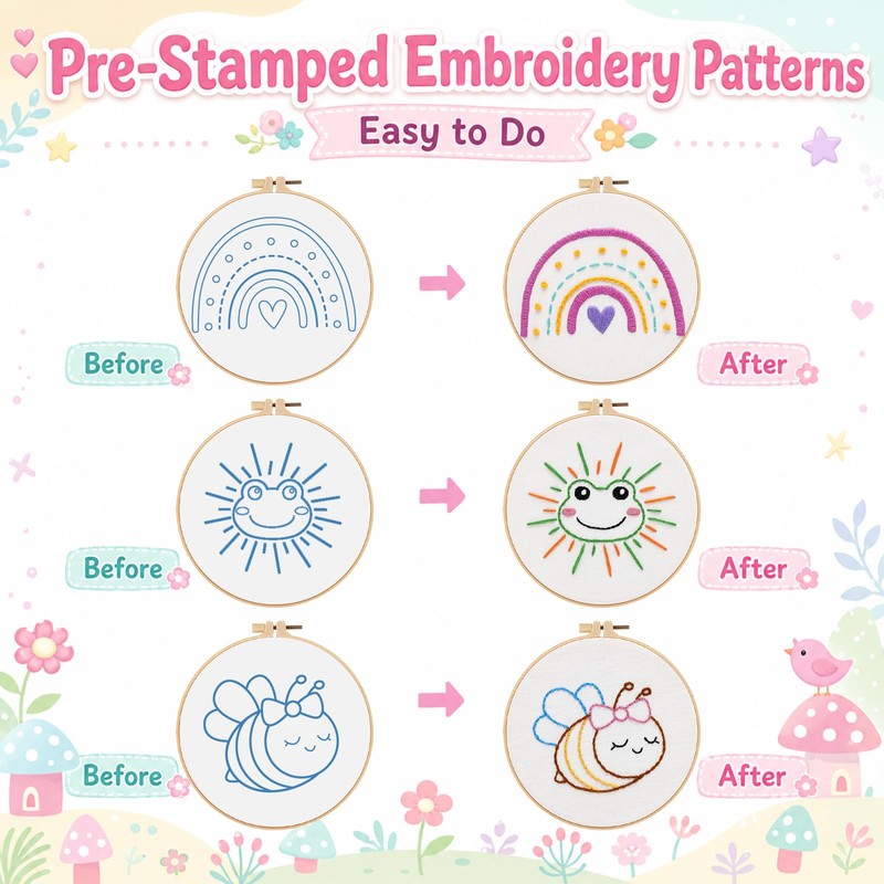 Nuberlic Embroidery Kit for Kids Ages 8+, 12 Pre-Stamped Crafts