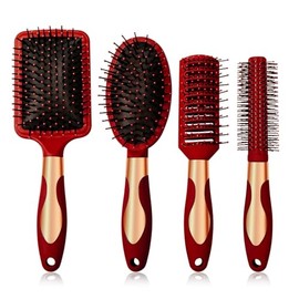 Set de Cepillos para Cabello 4 Piezas – Cepillo Acolchonado, Cepillo Ovalado, Cepillo Ventilado y Cepillo Redondo – Antinudos y Antiestático – Para Mujeres y Hombres - Unisex para Rizado o Liso (Rojo vivo)