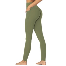 Sunzel Invisible Butt Scrunch Workout Leggings with Pockets for Women, No Front Seam Booty Gym Yoga Pants with Tummy Control 28" Olive Green Medium