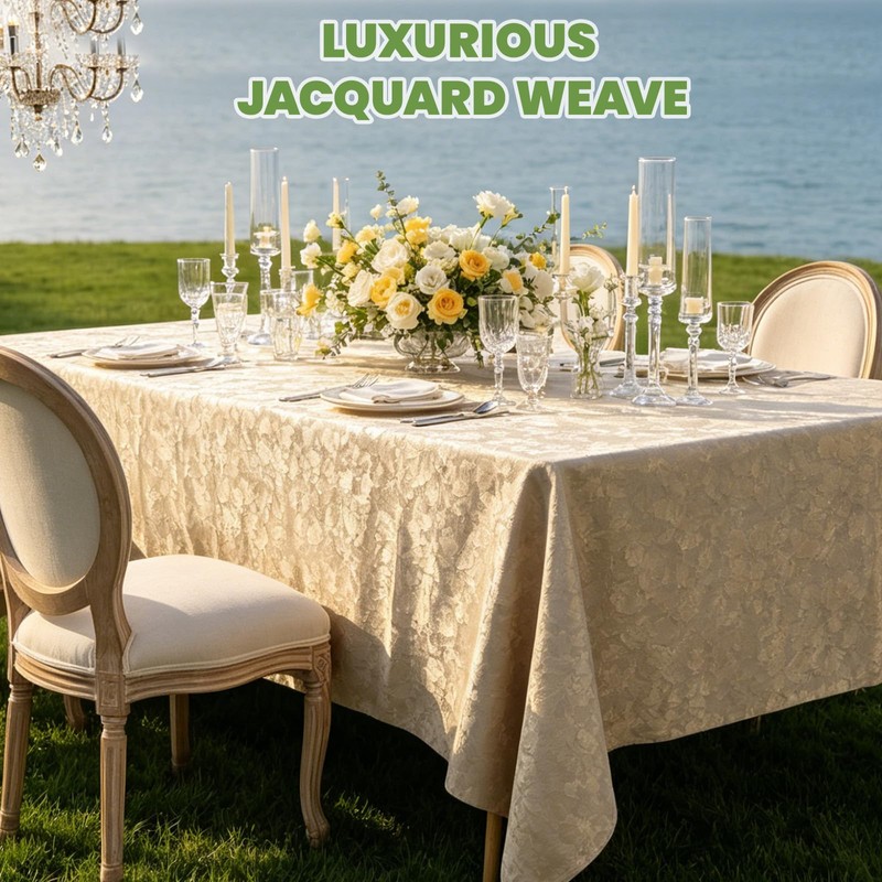 Woven Floral Jacquard Tablecloth 60 x 84 Inches Warm Taupe
