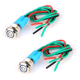 GUUZI 2pcs Latching Push Button Switch Waterproof Stainless Steel Shell 220V-230V/3A LED Ring Illuminated Switch with Wire Socket Plug Suitable for 12mm Mounting Hole (Blue)
