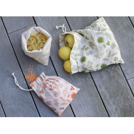 Pebbly Organic Cotton Bag with Cord, Size L, Cotton, Natural with Green Motifs, 20 x 25 cm