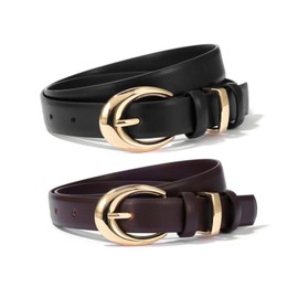 GOTOANT Women Leather Belts for Jeans Ladies Thin Western Waist Belt for Dress with Gold Silver Buckle, Gold Buckle (Black+dark Brown), Fits waist size: 34"-39"
