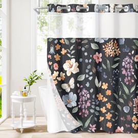Litabel No Hook Black Watercolor Floral Shower Curtain and Liner Set, Flower Shower Curtains with Snap in Liner for Farmhouse Bathroom Decor, Modern Botanical Bathroom Curtain with Plant Leaves,72x74