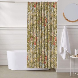 Ansouyi William Morris Shower Curtain Set with 12 Hooks, Bath Curtains Waterproof Polyester Fabric, Lily Art Nouveau Floral Home Bathroom Bathtubs Decor Washable Durable Fabric, 72" Wx72 L