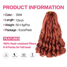French Curl Braiding Hair 12 Inch 8 Packs Ginger Curly Braiding Hair Pre Stretched 50g/pack Loose Wavy Braiding Hair Synthetic Hair Extensions for Black Women (12 inch,8 packs,350#)