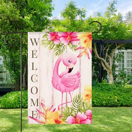 HOMFREEST Flamingo Welcome Summer Garden Flag Tropical Pink Bird Yard Flag 12x18 Inch Vertical Double Sided Rustic Seasonal Outside Decorations