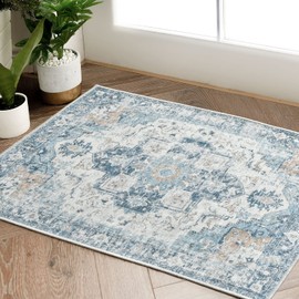 Jinchan - Alfombra de área lavable de 2 x 3 pulgadas, para interiores, entrada, estilo clásico, color azul, estilo retro, envejecido, felpilla, ligera, antideslizante, baño, cocina, sala de estar, recámara
