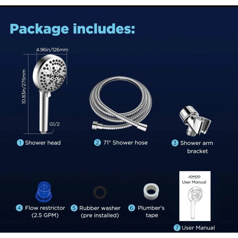 JOMOO Handheld Shower Head with Filter, 10 Spray High-Pressure Showerhead