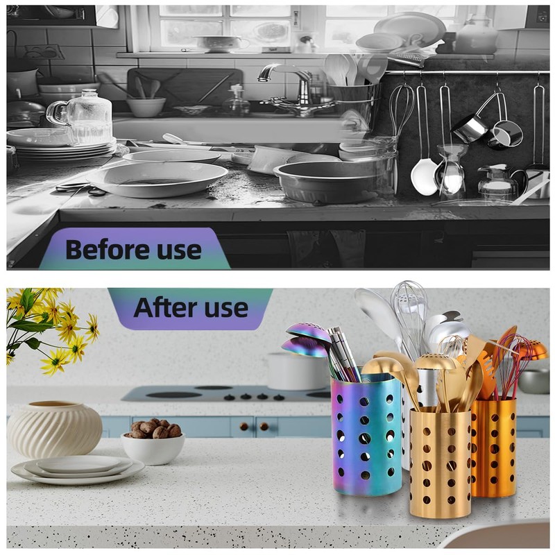 QRU Kitchen Utensil Holder for Countertop (H6.7” x W4.1”), Stainless