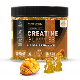 XtraBoost Creatine Gummies 5000mg Max Strength Creatine Monohydrate + B12 & L-Taurine C Build Muscle, Boost Energy & Speed Recovery C Mango Pre Workout for Men & Women C 120 Vegan Gummies | 30 Day Supply