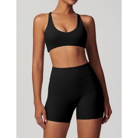 IDOPIP Set sportivo da donna per il fitness: set da palestra 2 pezzi con scollo a V, reggiseno twist back e leggings corti – abbigliamento sportivo estivo per yoga, pilates e allenamento, Nero , M
