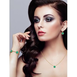 Qinpan Gold Plated Five Leaf Clover Necklace Bracelet and Dangle Earrings Set for Women Lucky Flower Jewelry, 13*13mm, Stainless Steel, No Gemstone